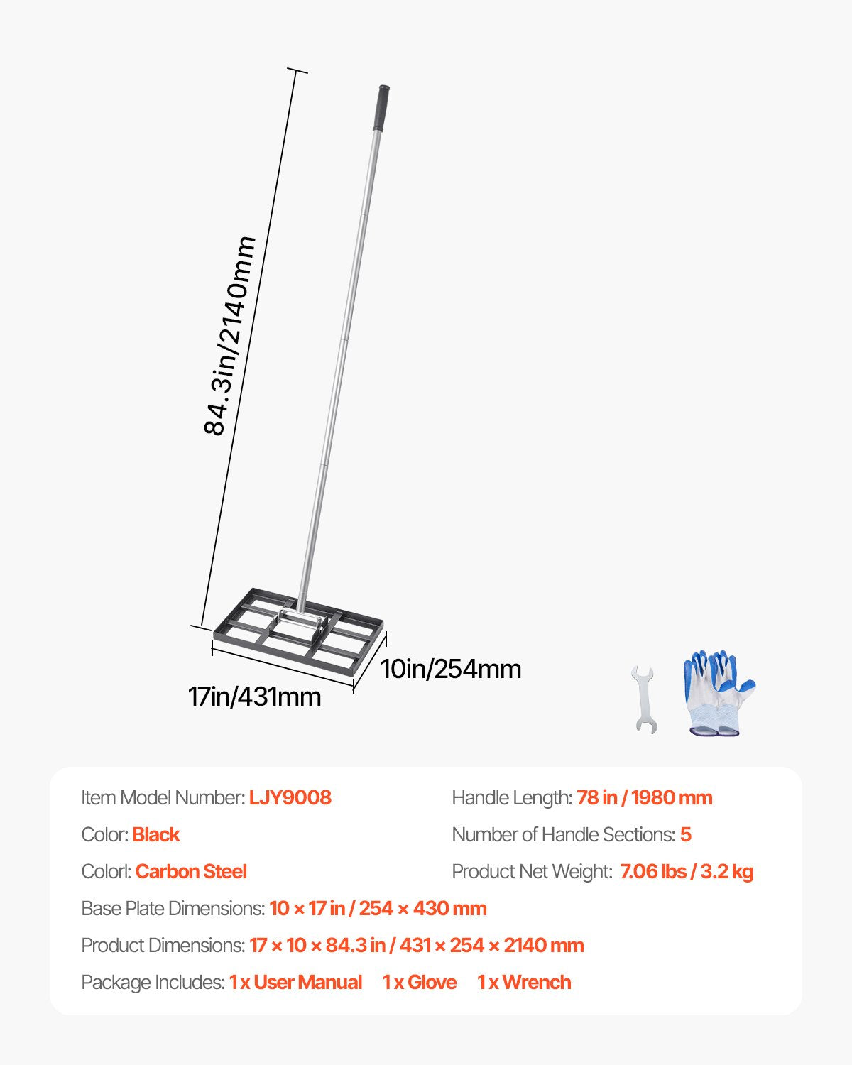 VEVOR 254 x 430 mm Lawn Leveling Rake 1980 mm Adjustable Handle for Yard Golf Court
