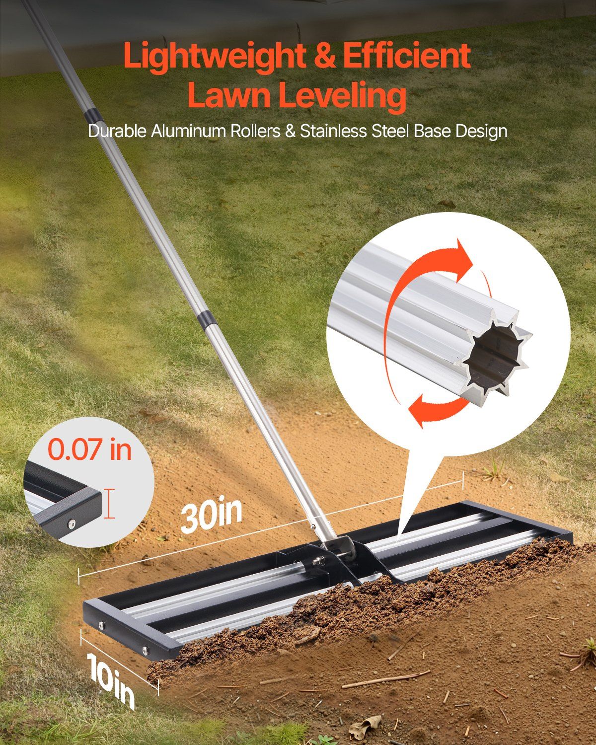 254 x 762 mm Lawn Leveling Rake with 2130 mm Adjustable Handle for Yard Garden