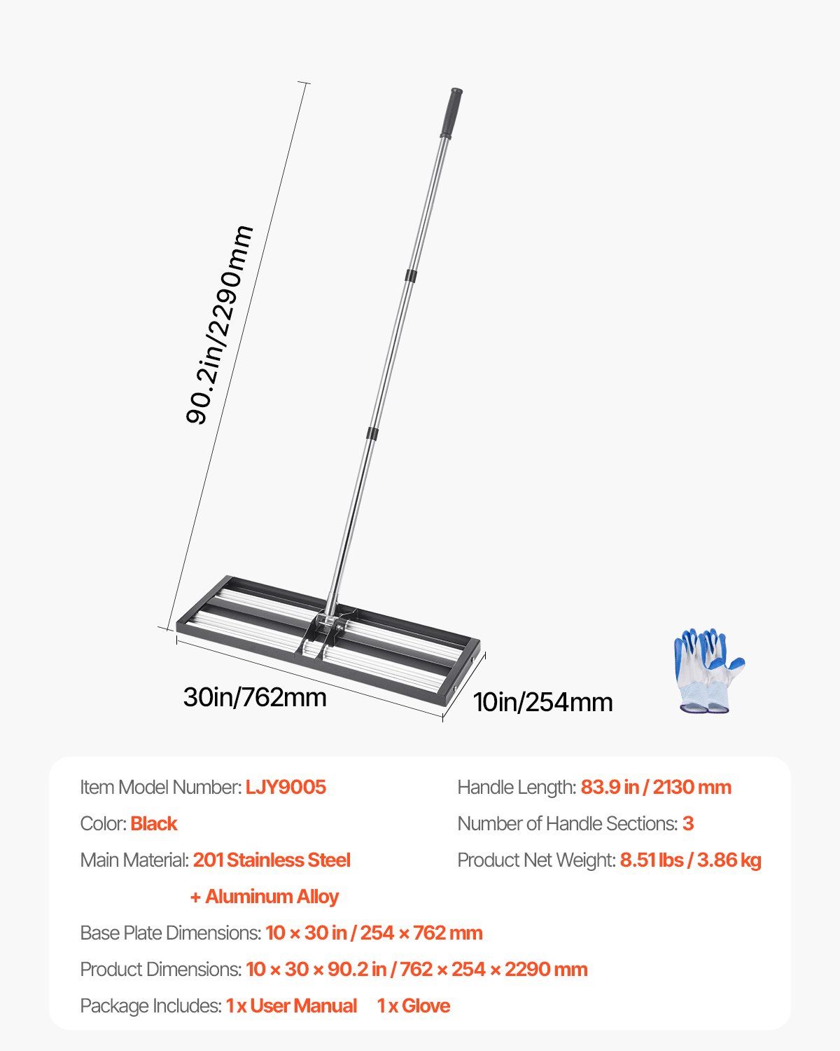 254 x 762 mm Lawn Leveling Rake with 2130 mm Adjustable Handle for Yard Garden