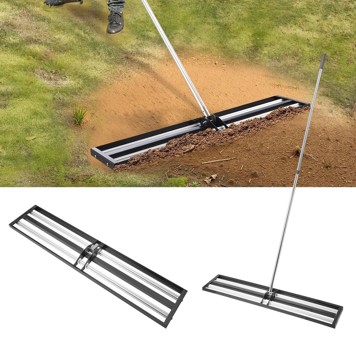 254 x 1219 mm Lawn Leveling Rake with 2130 mm Adjustable Handle for Yard Garden