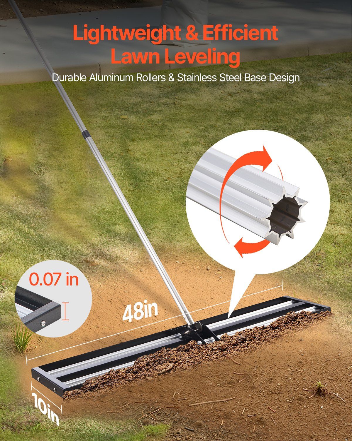254 x 1219 mm Lawn Leveling Rake with 2130 mm Adjustable Handle for Yard Garden