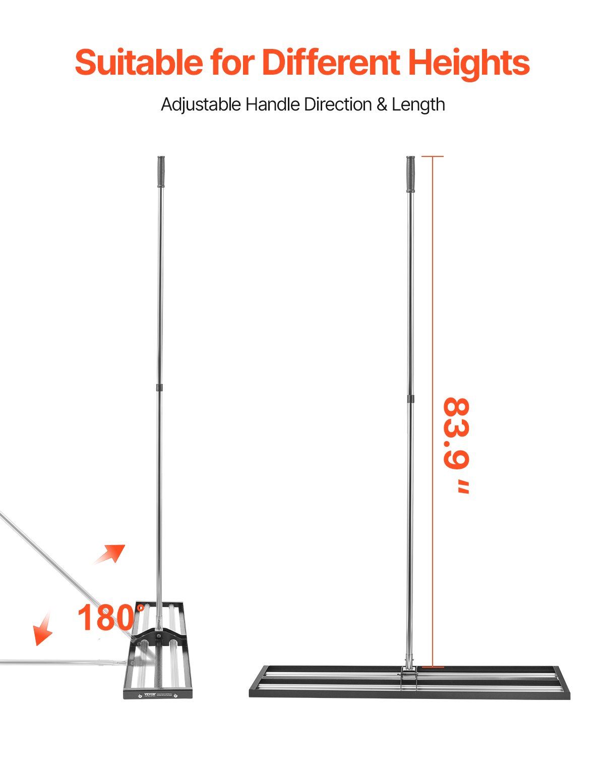254 x 1219 mm Lawn Leveling Rake with 2130 mm Adjustable Handle for Yard Garden