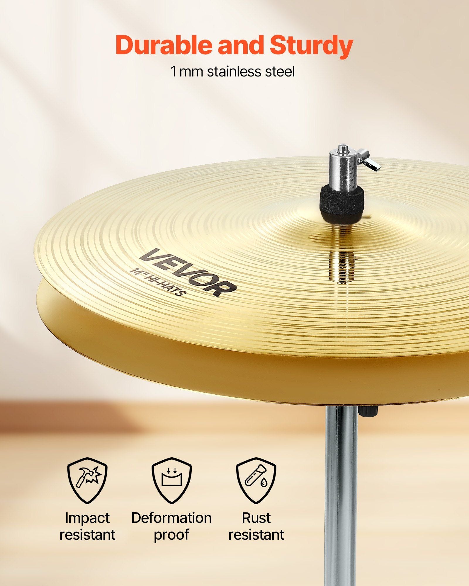 Cymbal Pack, 3 Pieces Cymbals for Drum Set, Alloy Cymbals Drum Set Includes 35.5 cm Hi-Hats, 40 cm Crash, 50.5 cm Ride, Drumsticks & Cymbal Bag, Alloy Cymbal Pack for Drummer, Bright Copper
