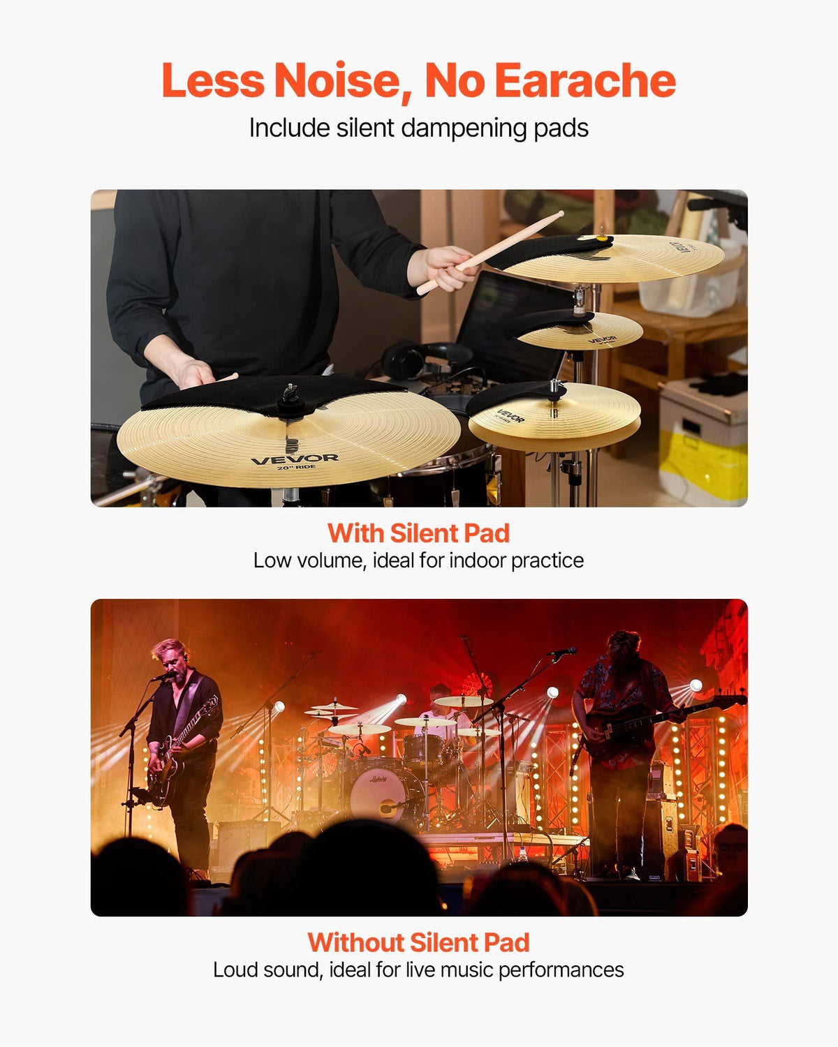 Cymbal Pack, 6 Pieces Cymbals for Drum Set, Alloy Cymbals Drum Set Includes 35.5 cm Hi-Hats, 40 cm Crash, 45.5 cm Crash, 50.5 cm Ride, 25.4 cm Splash, 40 cm China, Drumsticks & Cymbal Bag
