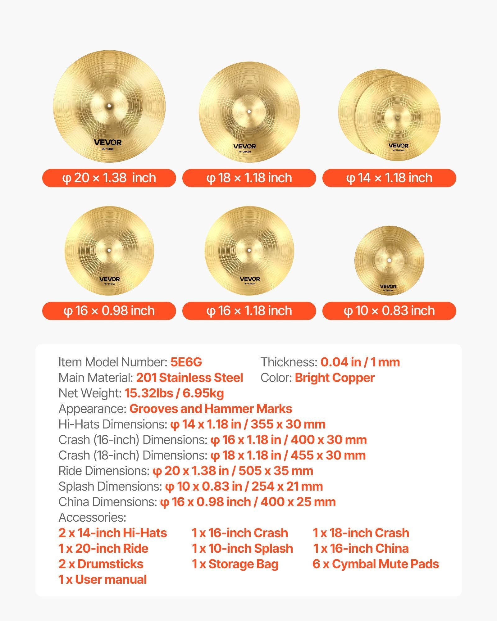 Cymbal Pack, 6 Pieces Cymbals for Drum Set, Alloy Cymbals Drum Set Includes 35.5 cm Hi-Hats, 40 cm Crash, 45.5 cm Crash, 50.5 cm Ride, 25.4 cm Splash, 40 cm China, Drumsticks & Cymbal Bag