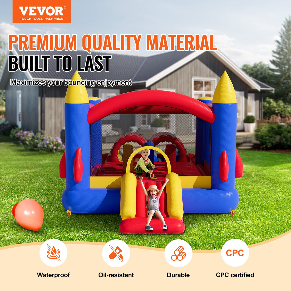 VEVOR Inflatable Bounce House, Outdoor High Quality Playhouse Trampoline, Jumping Bouncer with Blower, Slide, and Storage Bag, Family Backyard Bouncy Castle, for Kid Ages 3_8 Years, 4.0x2.4x2.4m