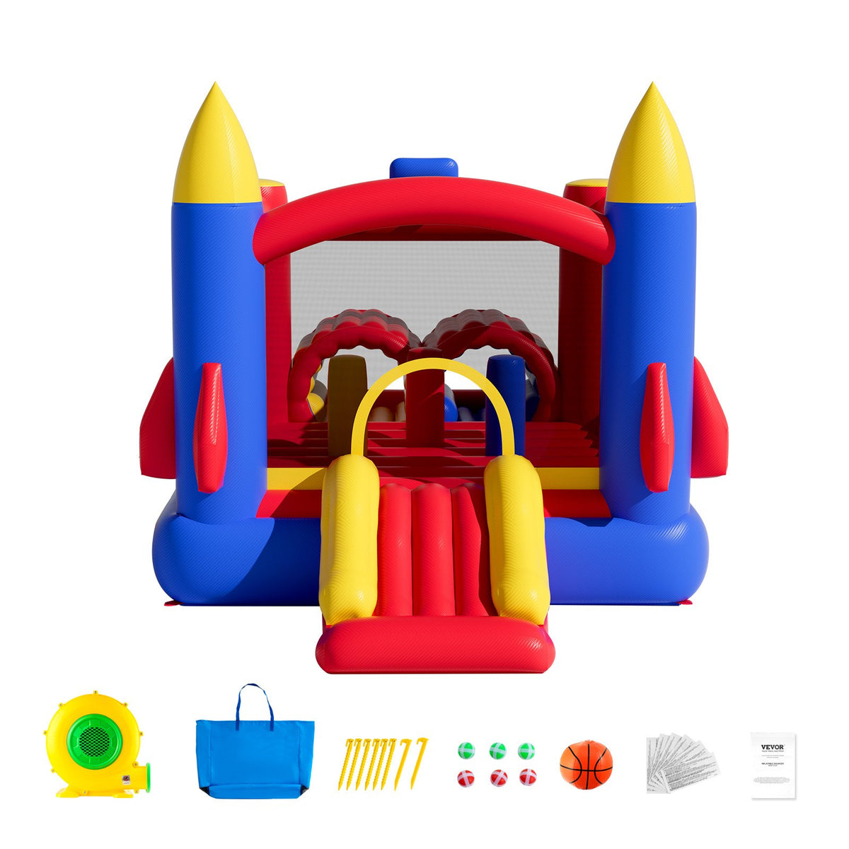 VEVOR Inflatable Bounce House, Outdoor High Quality Playhouse Trampoline, Jumping Bouncer with Blower, Slide, and Storage Bag, Family Backyard Bouncy Castle, for Kid Ages 3_8 Years, 4.0x2.4x2.4m
