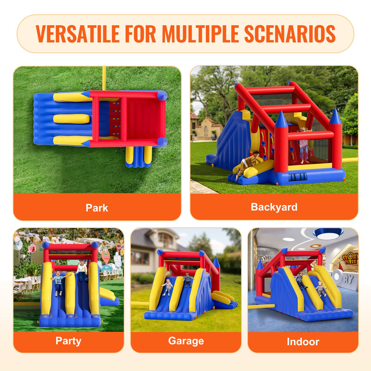 VEVOR Inflatable Bounce House, Outdoor High Quality Playhouse Trampoline, Jumping Bouncer with Blower, Slide, and Storage Bag, Family Backyard Bouncy Castle, for Kid Ages 3_8 Years, 4.6x2.6x2.3m