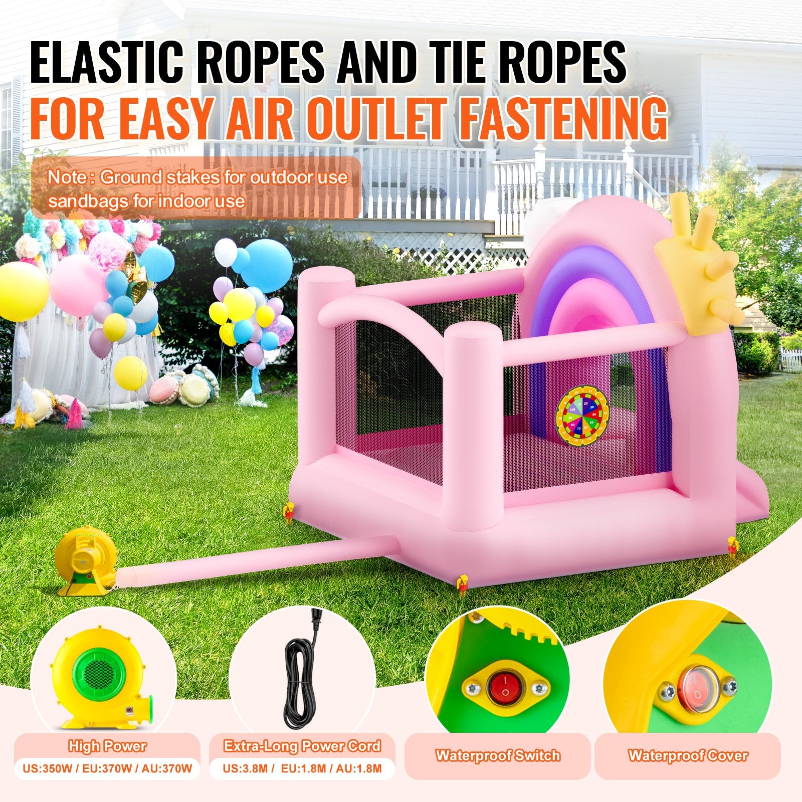 VEVOR Inflatable Bounce House, Indoor Outdoor Playhouse Trampoline, Kid Jumping Bouncer with Blower, Slide, Storage Bag, Family Backyard Bouncy Castle, for Girls Boys Ages 3_8 Years, 2.8x2.3x2.3m