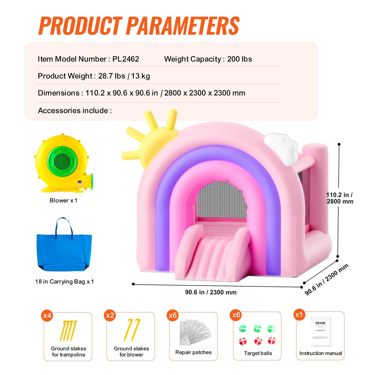 VEVOR Inflatable Bounce House, Indoor Outdoor Playhouse Trampoline, Kid Jumping Bouncer with Blower, Slide, Storage Bag, Family Backyard Bouncy Castle, for Girls Boys Ages 3_8 Years, 2.8x2.3x2.3m