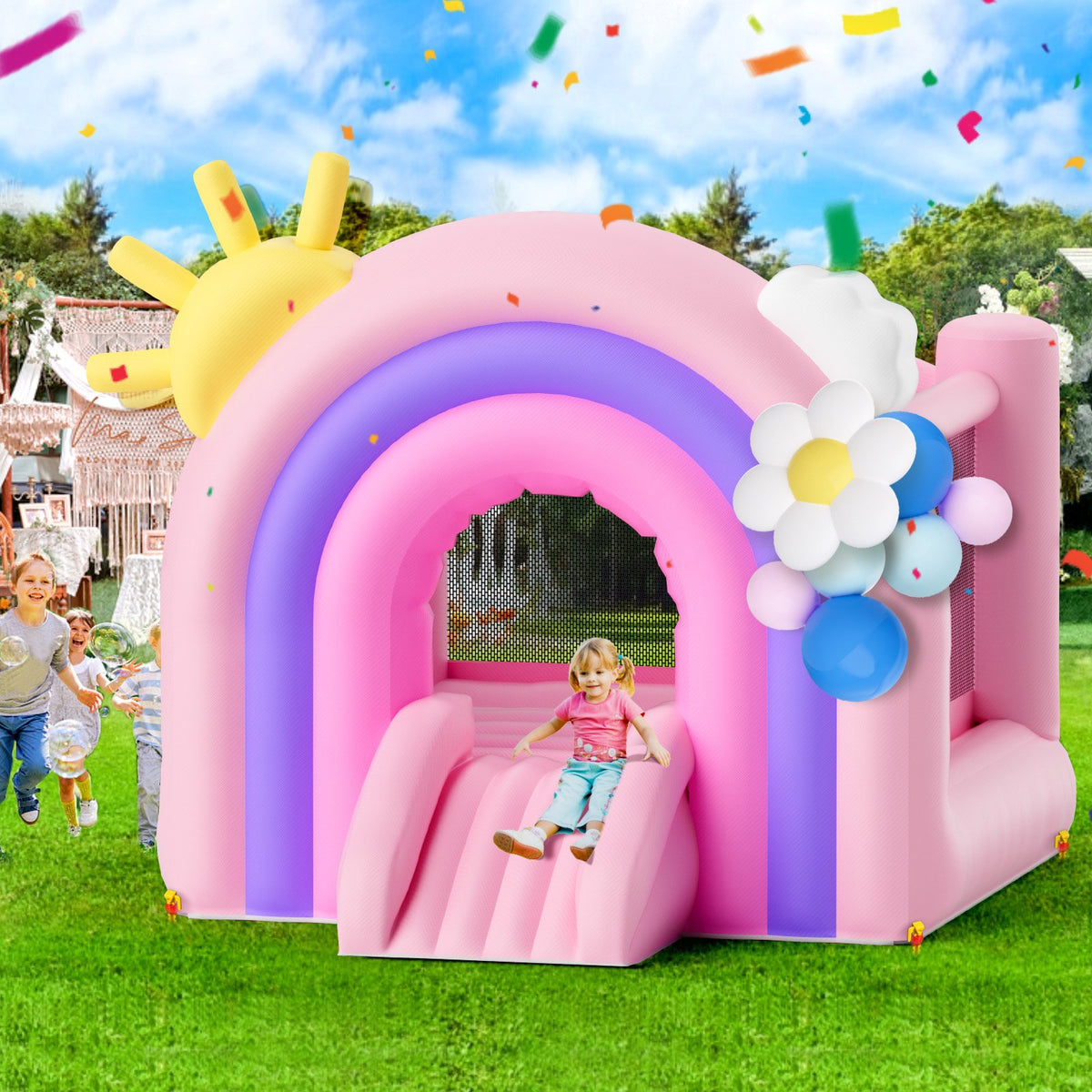 VEVOR Inflatable Bounce House, Indoor Outdoor Playhouse Trampoline, Kid Jumping Bouncer with Blower, Slide, Storage Bag, Family Backyard Bouncy Castle, for Girls Boys Ages 3_8 Years, 2.8x2.3x2.3m