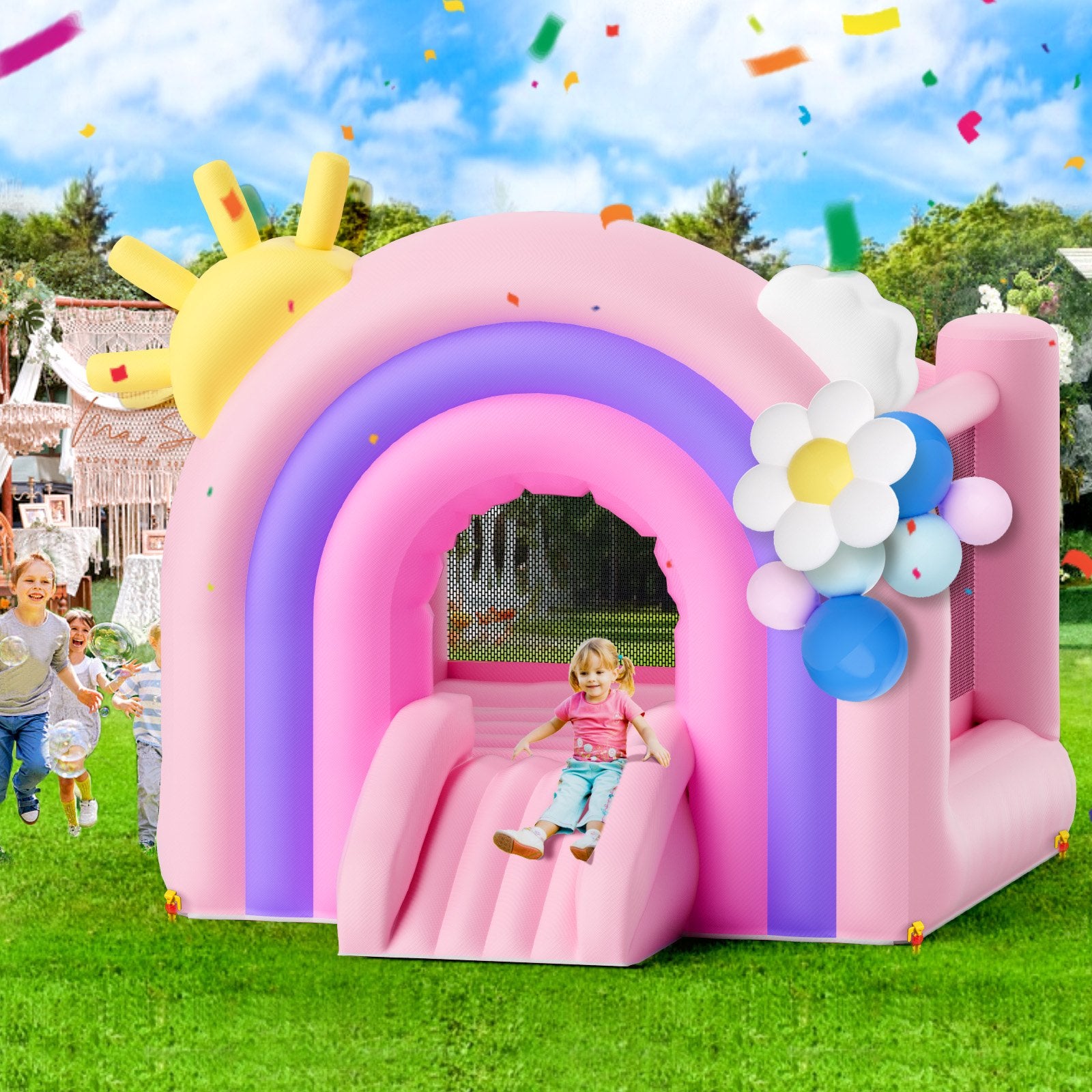 VEVOR Inflatable Bounce House, Indoor Outdoor Playhouse Trampoline, Kid Jumping Bouncer with Blower, Slide, Storage Bag, Family Backyard Bouncy Castle, for Girls Boys Ages 3_8 Years, 2.8x2.3x2.3m
