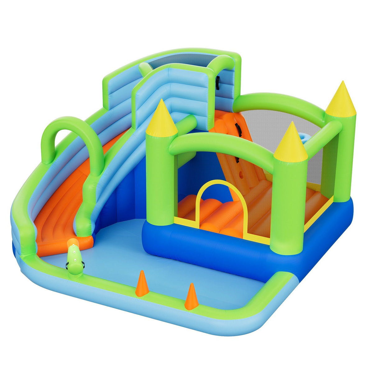 Inflatable Bounce House, 3.4 x 3.74 x 2.13 m Inflatable Bounce House Water Slide, Bouncer Castle with Castle Bounces, Basketball Hoop, Splash Pool &amp; Water Ring Toss, for 3 to 4 Kids Ages 3 to 8
