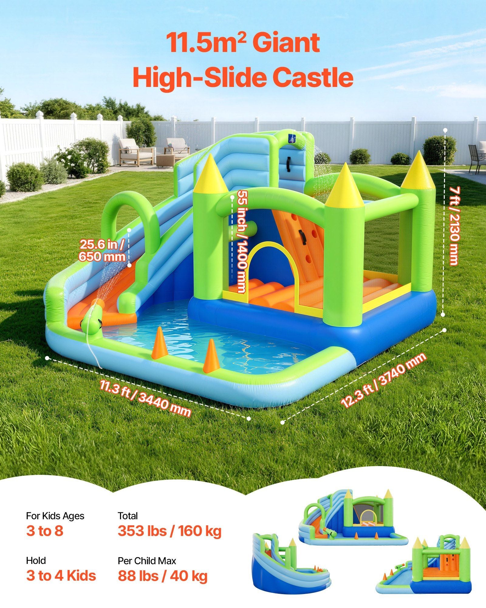 Inflatable Bounce House, 3.4 x 3.74 x 2.13 m Inflatable Bounce House Water Slide, Bouncer Castle with Castle Bounces, Basketball Hoop, Splash Pool & Water Ring Toss, for 3 to 4 Kids Ages 3 to 8