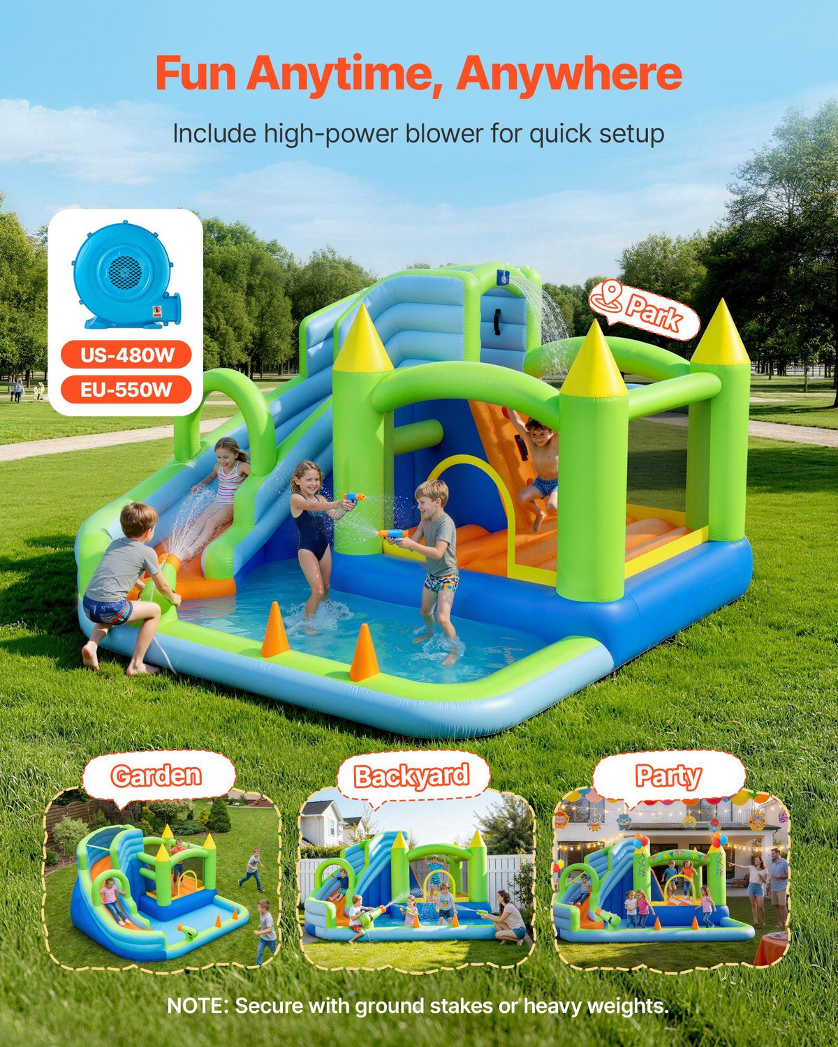 Inflatable Bounce House, 3.4 x 3.74 x 2.13 m Inflatable Bounce House Water Slide, Bouncer Castle with Castle Bounces, Basketball Hoop, Splash Pool & Water Ring Toss, for 3 to 4 Kids Ages 3 to 8