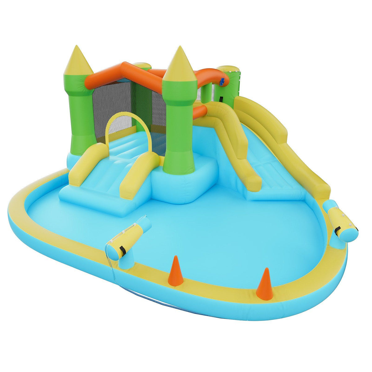 Inflatable Bounce House, 3.82 x 3.98 x 1.97 m Inflatable Bounce House Water Slide, Bouncer Castle with Castle Bounces, Basketball Hoop, Splash Pool &amp; Water Ring Toss, for 3 to 4 Kids Ages 3 to 8