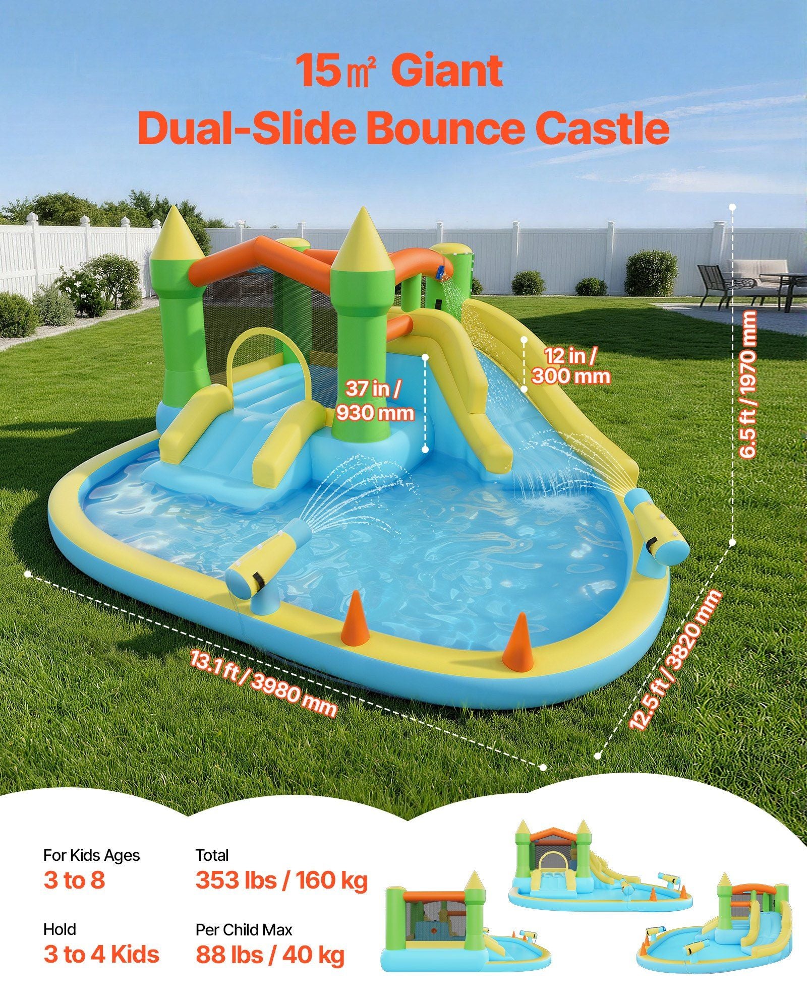 Inflatable Bounce House, 3.82 x 3.98 x 1.97 m Inflatable Bounce House Water Slide, Bouncer Castle with Castle Bounces, Basketball Hoop, Splash Pool & Water Ring Toss, for 3 to 4 Kids Ages 3 to 8