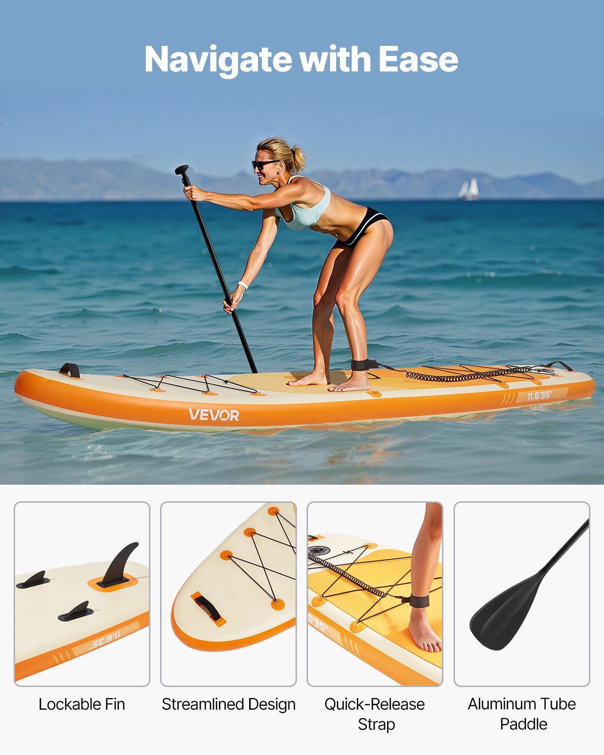VEVOR Inflatable Stand Up Paddle Board, 3.53m x 89cm x 15cm Wide Ultra-Light SUP Paddleboard, All Accessories Included, Pump, Paddle, Fin, Backpack, Ankle Leash, Strap, Non-slip Deck for Youth, Adults