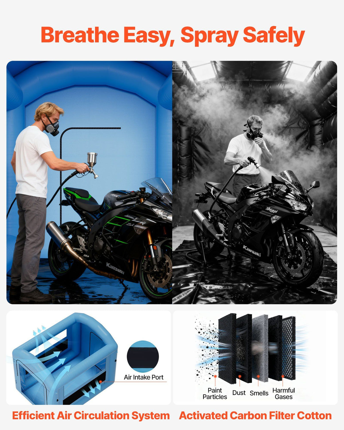 Inflatable Paint Booth, 3 x 2.5 x 2.5 m, Inflatable Spray Booth with 550W Powerful Blower and Air Filter System, Round Roof with Light Hook, for Painting Bicycle, Motorcycle, and Furniture