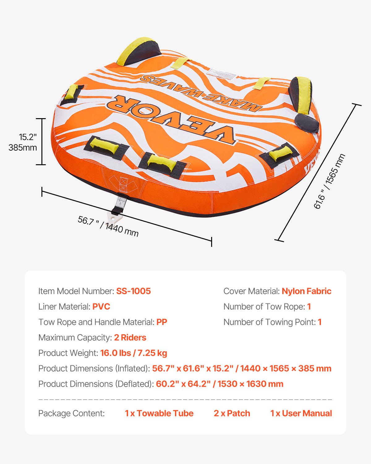 VEVOR Towable Tube for Boating 1-2 Riders Inflatable Boat Tubes and Towables