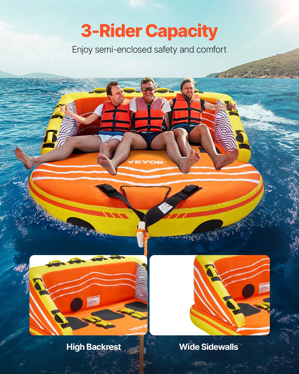 VEVOR Towable Tube for Boating, 1-3 Riders Inflatable Boat Tubes and Towables, 510lbs Water Sport Towable Tube for Boat to Pull - with Full Nylon Cover, 16 Grab Handles, Dual Tow Points & Safety Valve