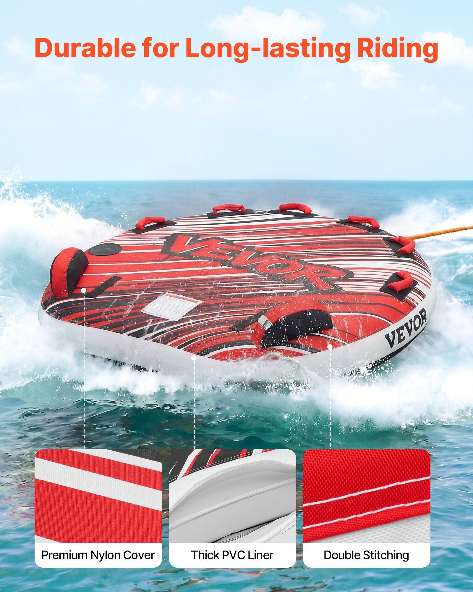 Towable Tube for Boating, 3 Riders Inflatable Boat Tubes and Towables, 231 kg Capacity Water Sport Towable Tube for Boat to Pull - with Fins, Full Nylon Cover, Padded Handles & Safety Valve
