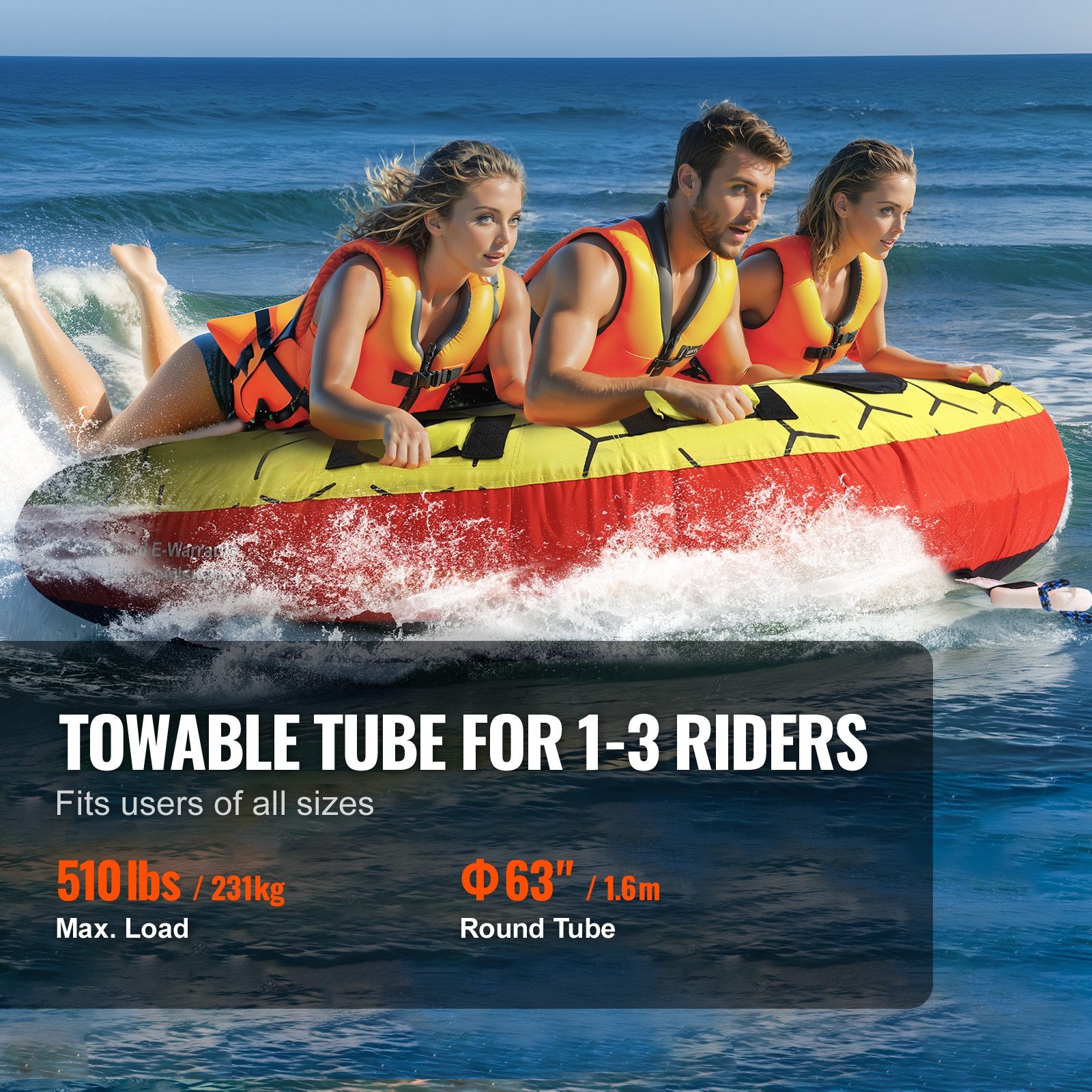 VEVOR Towable Tube for Boating, 1-3 Riders Inflatable Boat Tubes and Towables, 510 lbs, 63" Round Water Sport Towable Tubes for Boats to Pull, Full Nylon Cover, EVA Grab Handles and Speed Safety Valve
