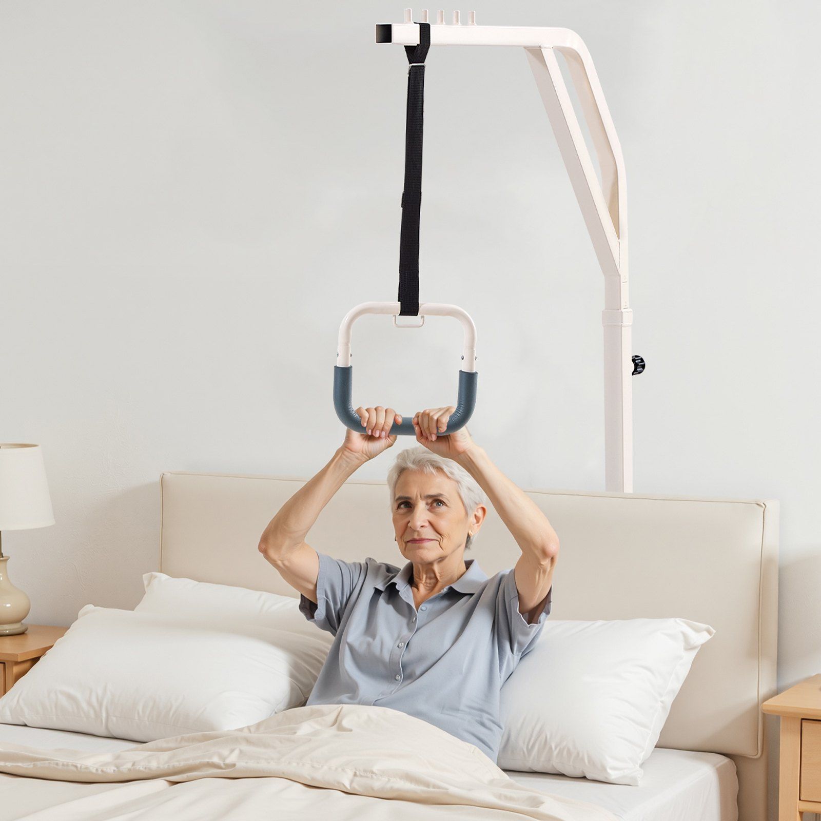 Trapeze Bar for Bed Mobility, Height-Adjustable Free Standing Trapeze Bar with 2 Wheels, 300LBS Capacity Bed Pull Up Assist for Elderly Disabled, Ideal for Hospital, Nursing Home & Home Care