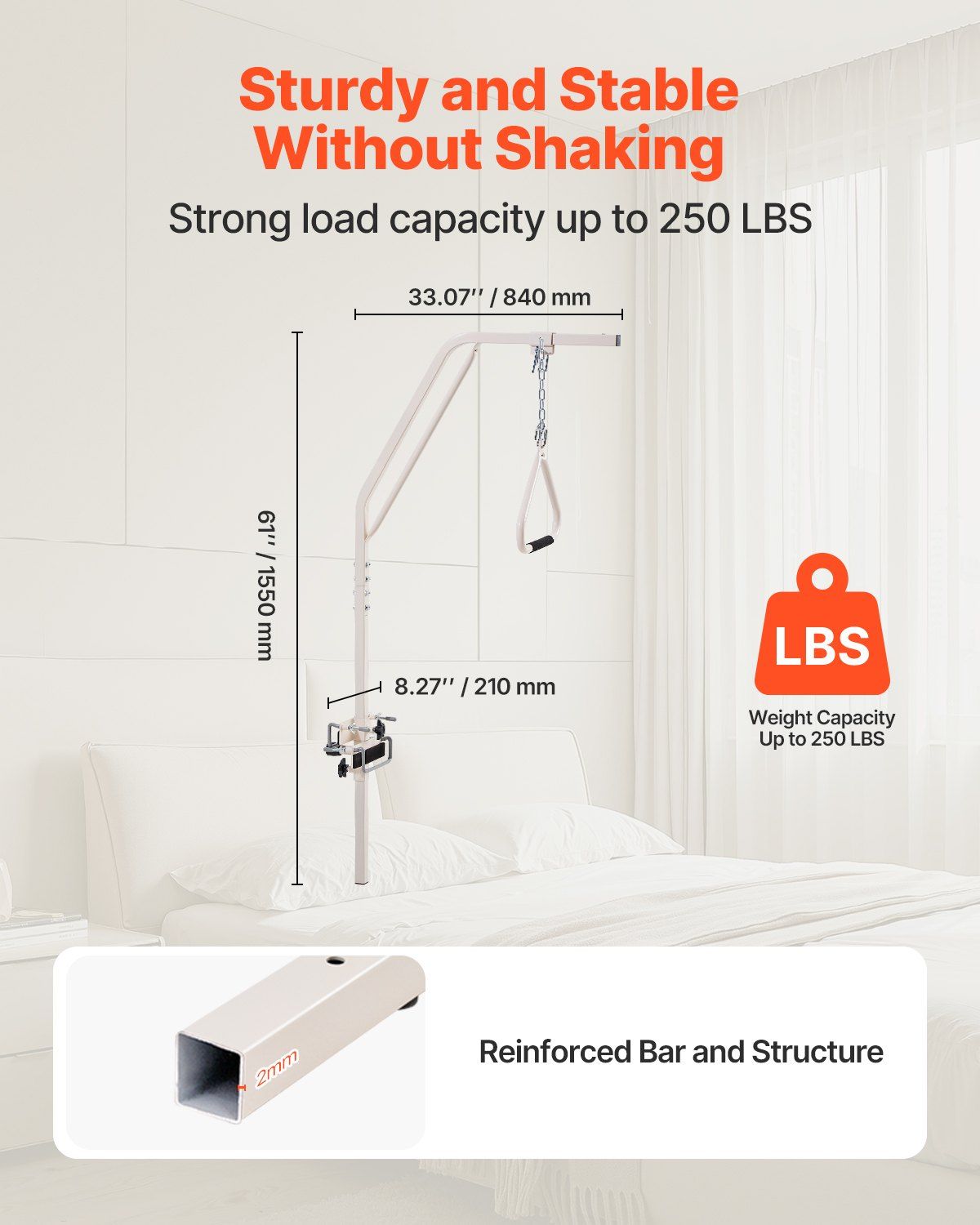 Trapeze Bar for Bed Mobility, Medical Bed Trapeze with Clamps & Metal Chain, 250LBS Weight Capacity Pull Up Assist Bar for Elderly & Disabled, Ideal for Home Care, Hospitals, Nursing Homes