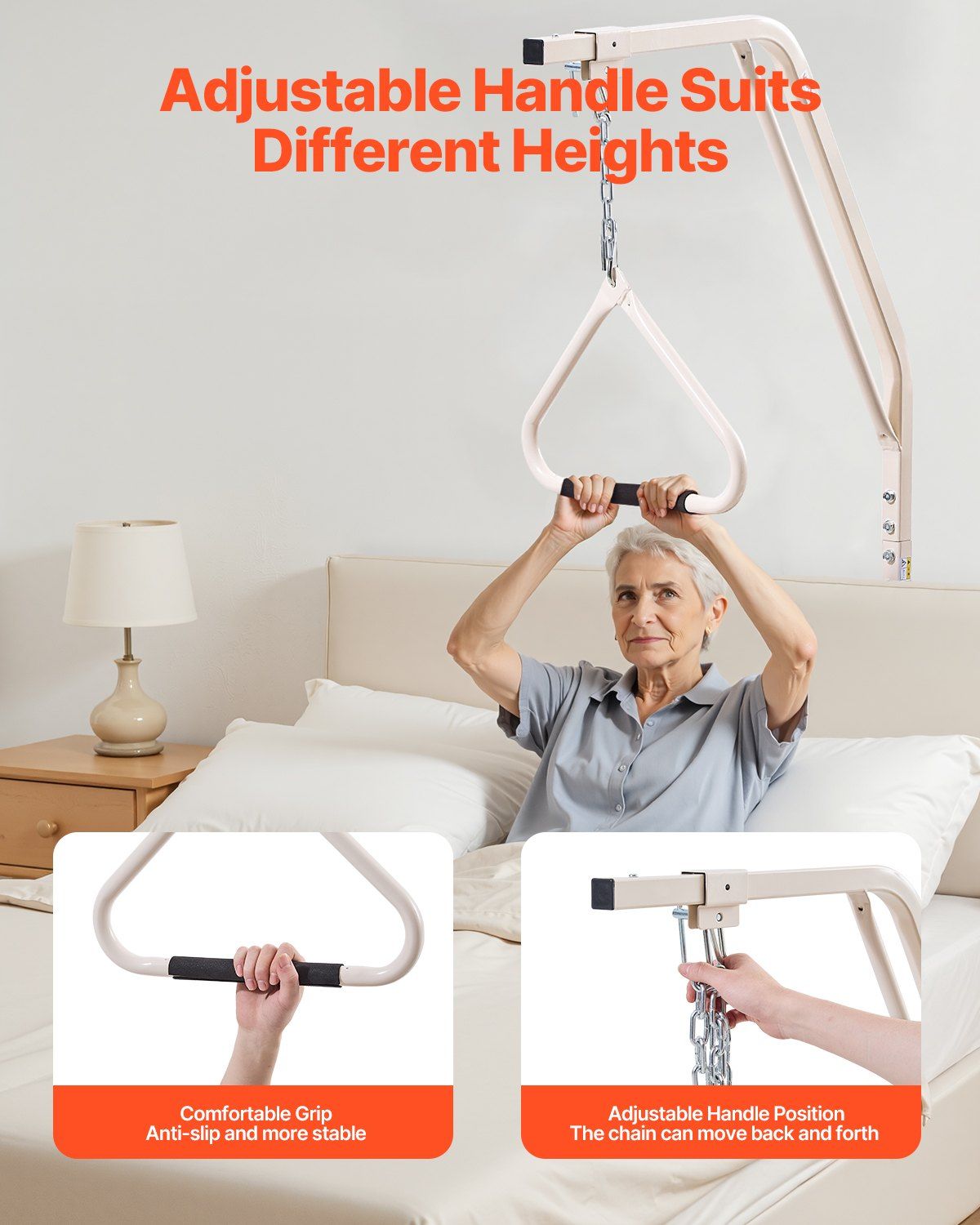 Trapeze Bar for Bed Mobility, Medical Bed Trapeze with Clamps & Metal Chain, 250LBS Weight Capacity Pull Up Assist Bar for Elderly & Disabled, Ideal for Home Care, Hospitals, Nursing Homes