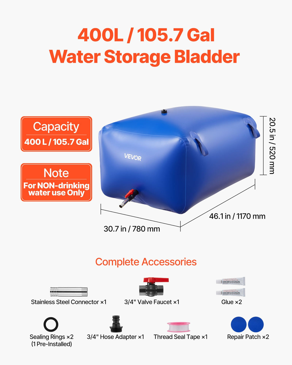 VEVOR Water Storage Bladder 400L Large Capacity Water Bag, Portable & Collapsible Soft Waters Container, Leakproof & Tear-Resistant PVC Emergency Waters Storage Tank for RV Truck & Outdoor Use