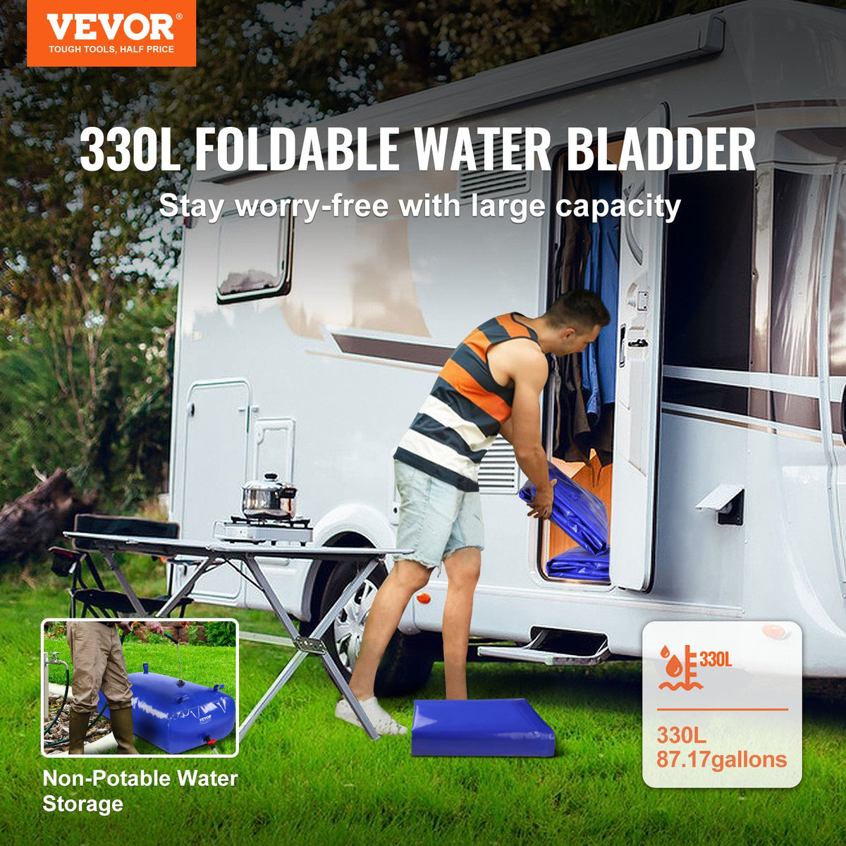 VEVOR Portable Water Storage Bladder 87 Gal 1000D PVC Collapsible Water Tank