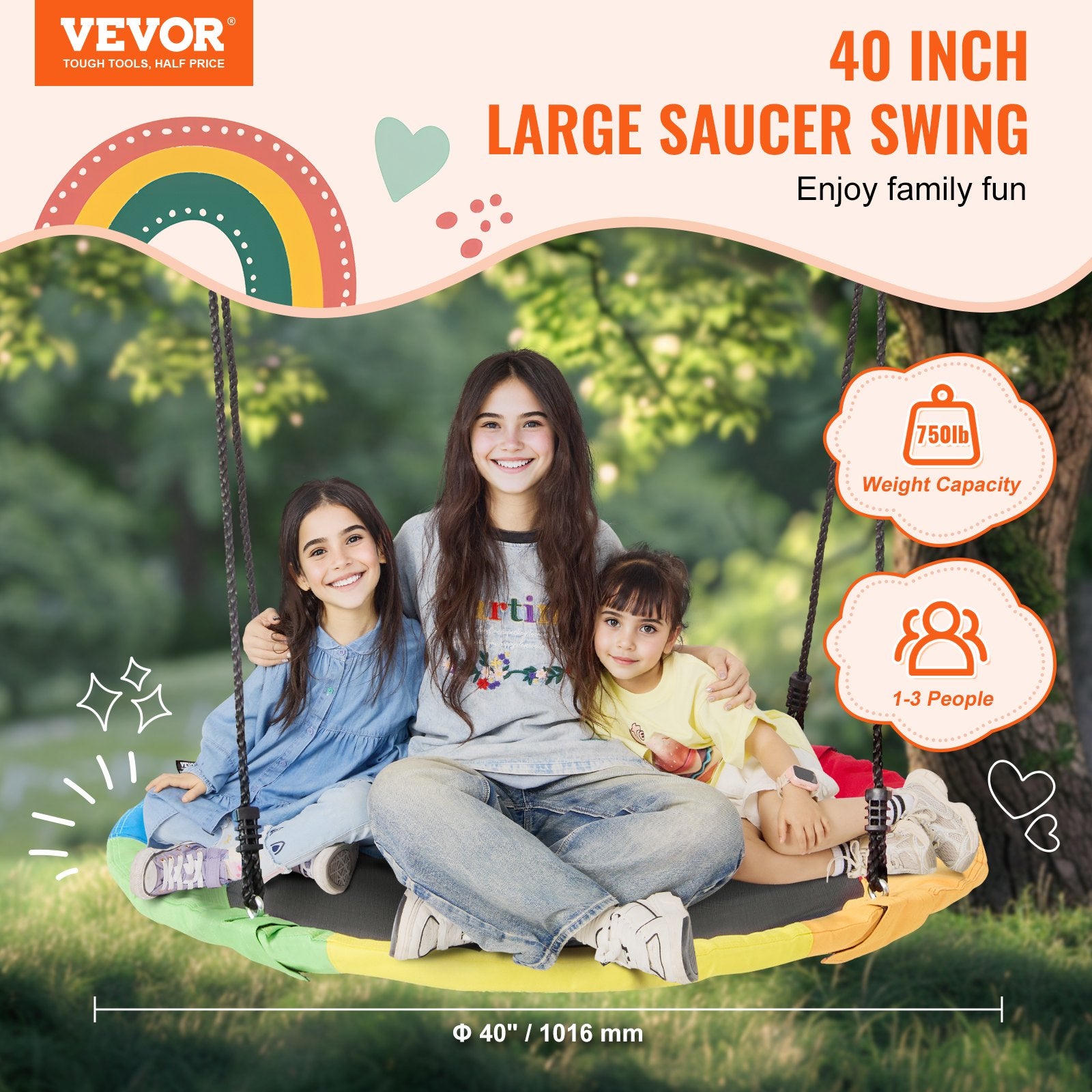 VEVOR Tree Swing, 40 Inch Saucer Swing, 750lbs Weight Capacity, 900D Oxford Fabric Swing Seat with 2 Tree Hanging Straps and Adjustable Multi-Strand Ropes, Round Swing for Kids Outdoor, Multicolor