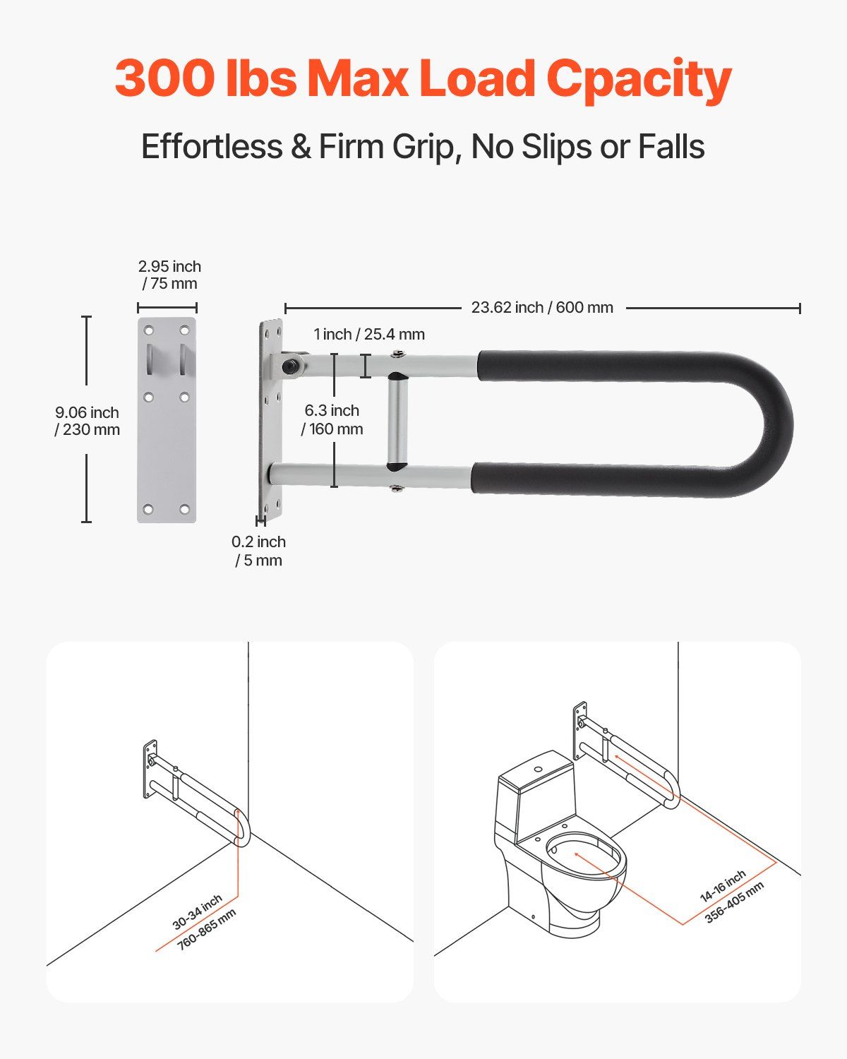 Toilet Safety Rail, 60.5 cm U-Shaped Handicap Grab Bar, Foldable Senior Safety Pole, Flip Up Toilet Grab Bars with Anti-Slip Support Handle, 136 kg Load Capacity for Elderly, Disabled, Pregnant