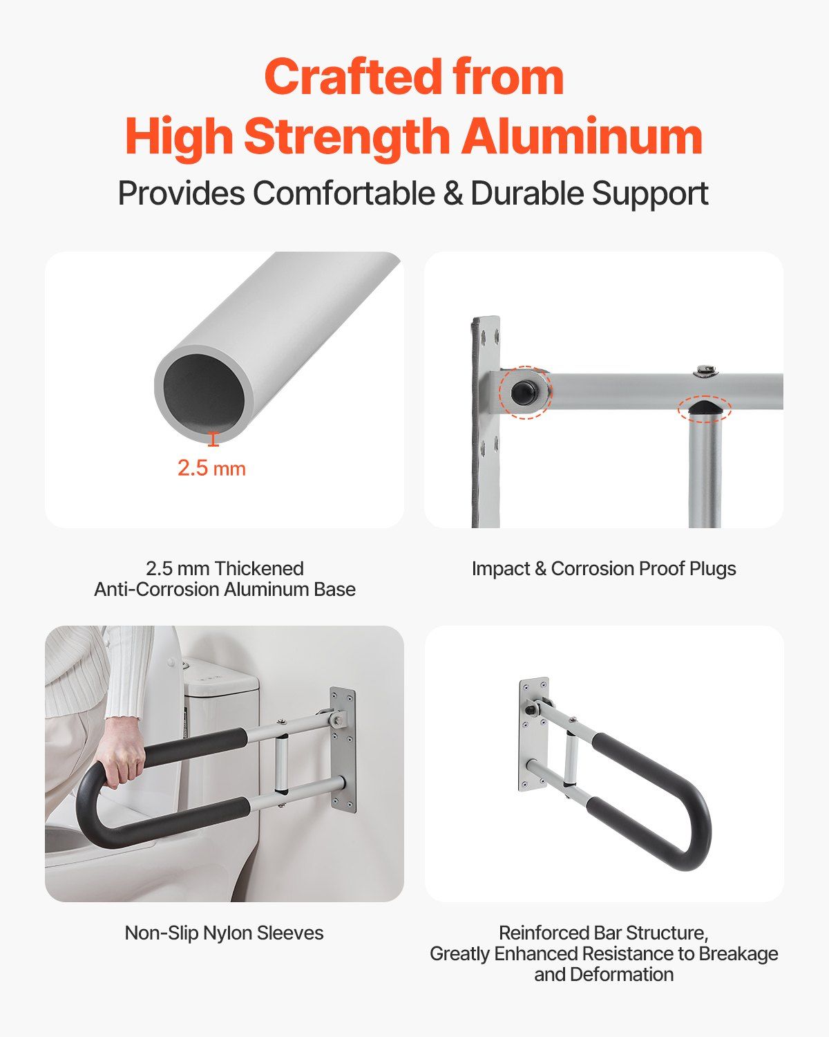 Toilet Safety Rail, 60.5 cm U-Shaped Handicap Grab Bar, Foldable Senior Safety Pole, Flip Up Toilet Grab Bars with Anti-Slip Support Handle, 136 kg Load Capacity for Elderly, Disabled, Pregnant