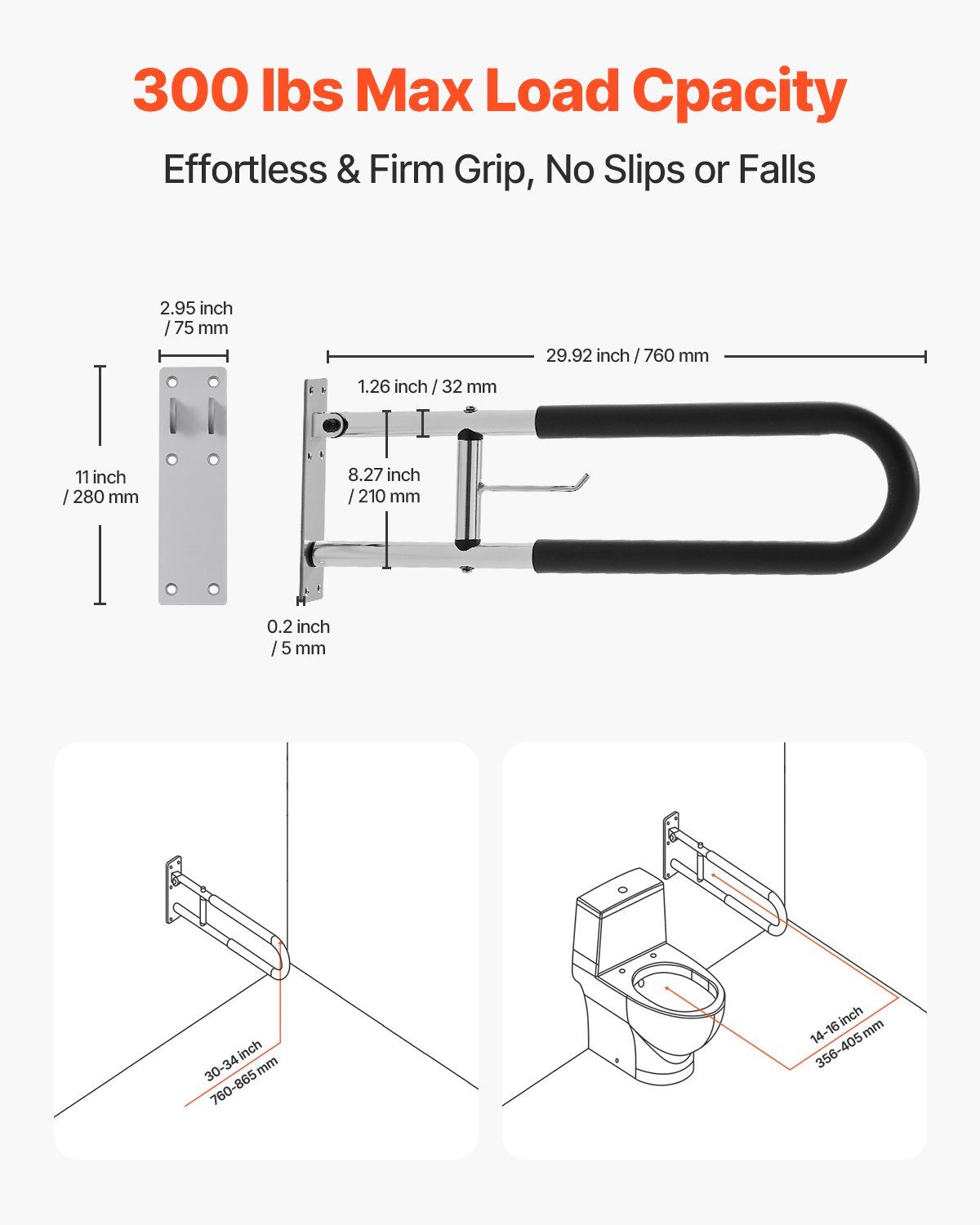 Toilet Safety Rail, 76.5 cm U-Shaped Handicap Grab Bar, Foldable Senior Safety Pole, Flip Up Toilet Grab Bars with Anti-Slip Handle, 136 kg Load Capacity Security Handrail with Paper Holder