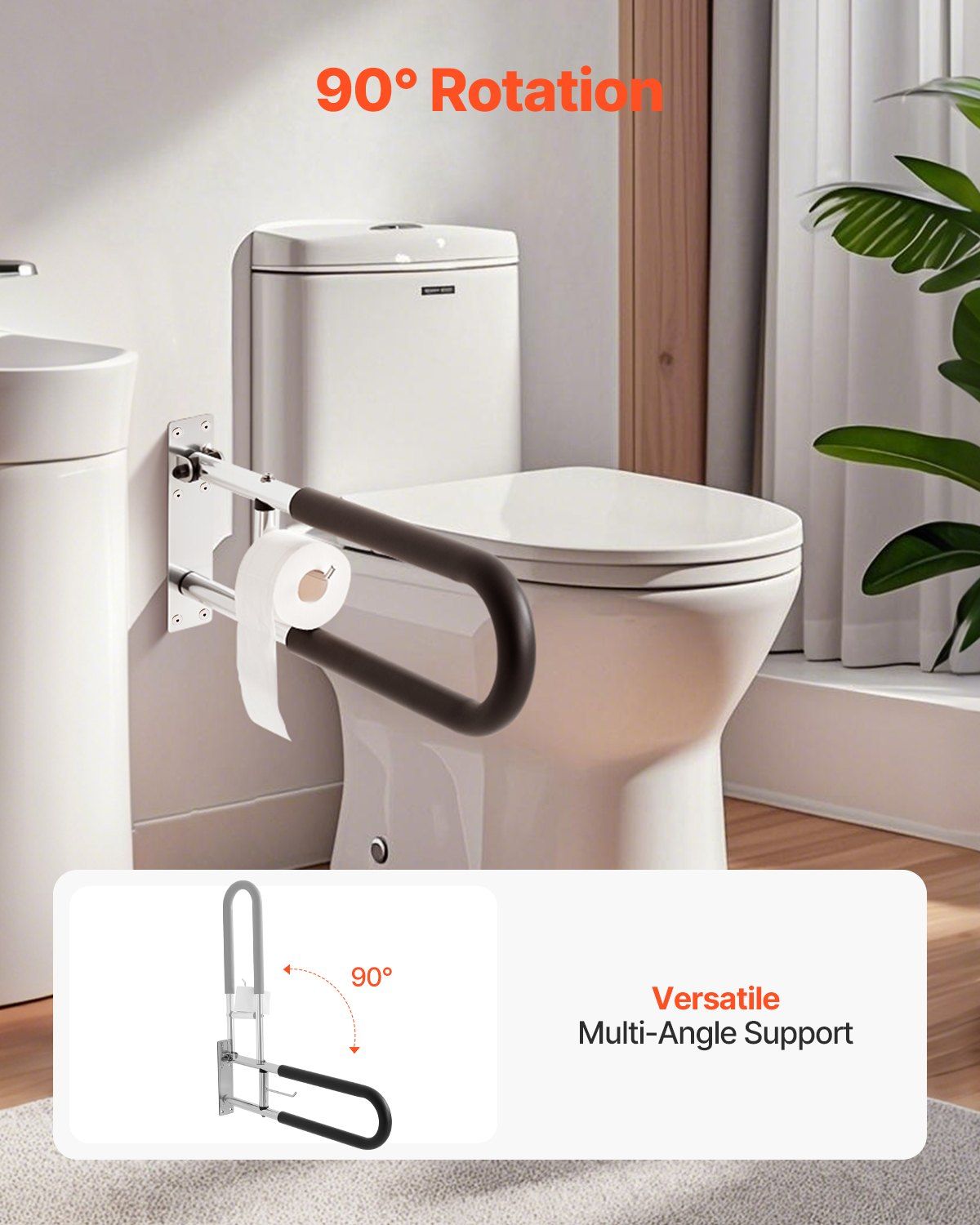 Toilet Safety Rail, 76.5 cm U-Shaped Handicap Grab Bar, Foldable Senior Safety Pole, Flip Up Toilet Grab Bars with Anti-Slip Handle, 136 kg Load Capacity Security Handrail with Paper Holder