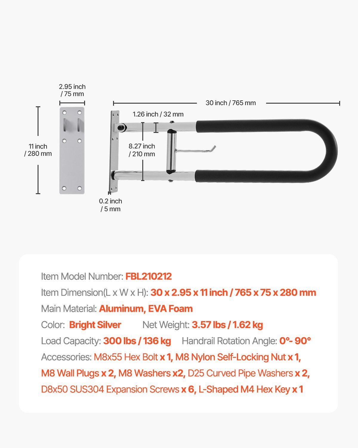 Toilet Safety Rail, 76.5 cm U-Shaped Handicap Grab Bar, Foldable Senior Safety Pole, Flip Up Toilet Grab Bars with Anti-Slip Handle, 136 kg Load Capacity Security Handrail with Paper Holder