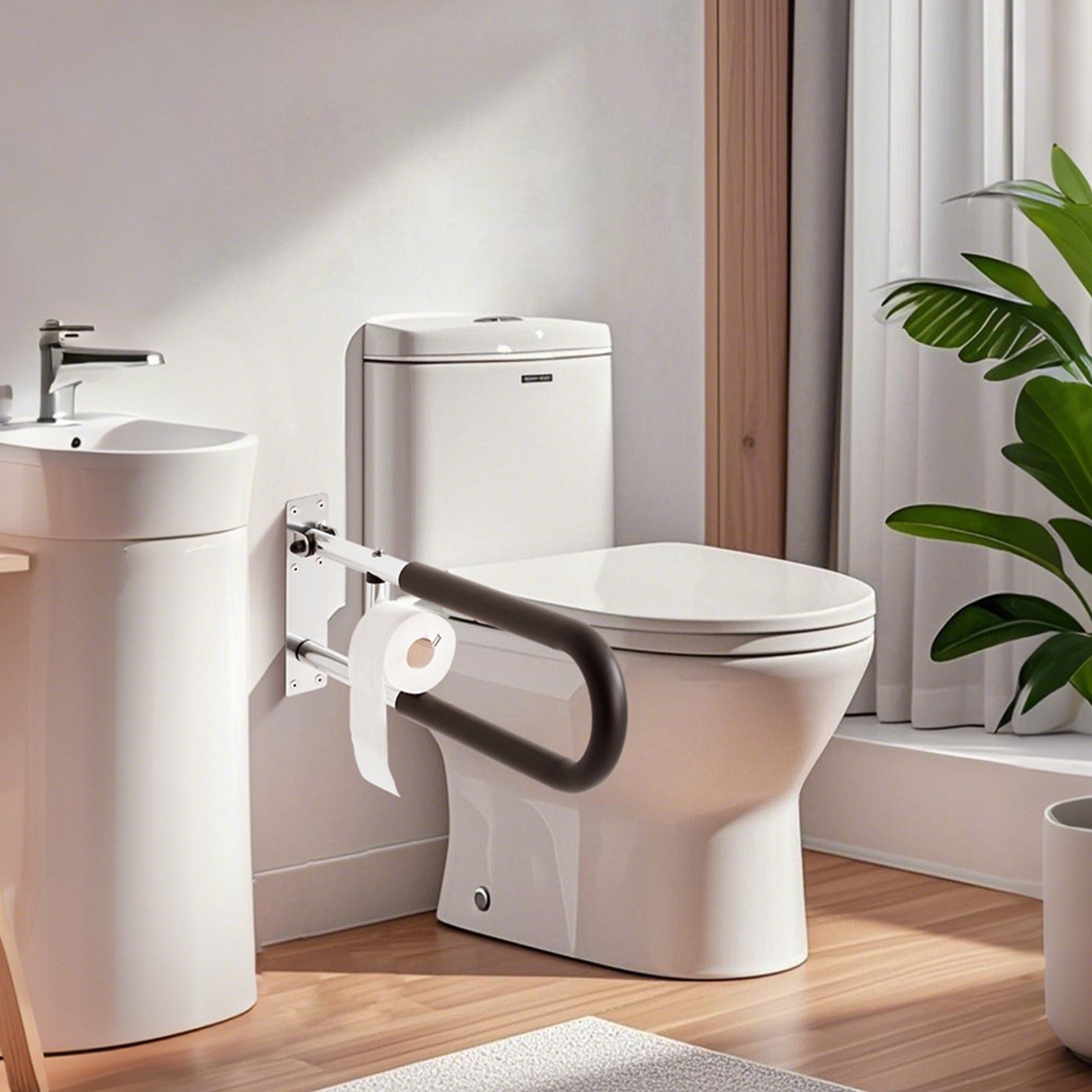 Toilet Safety Rail, 76.5 cm U-Shaped Handicap Grab Bar, Foldable Senior Safety Pole, Flip Up Toilet Grab Bars with Anti-Slip Handle, 136 kg Load Capacity Security Handrail with Paper Holder