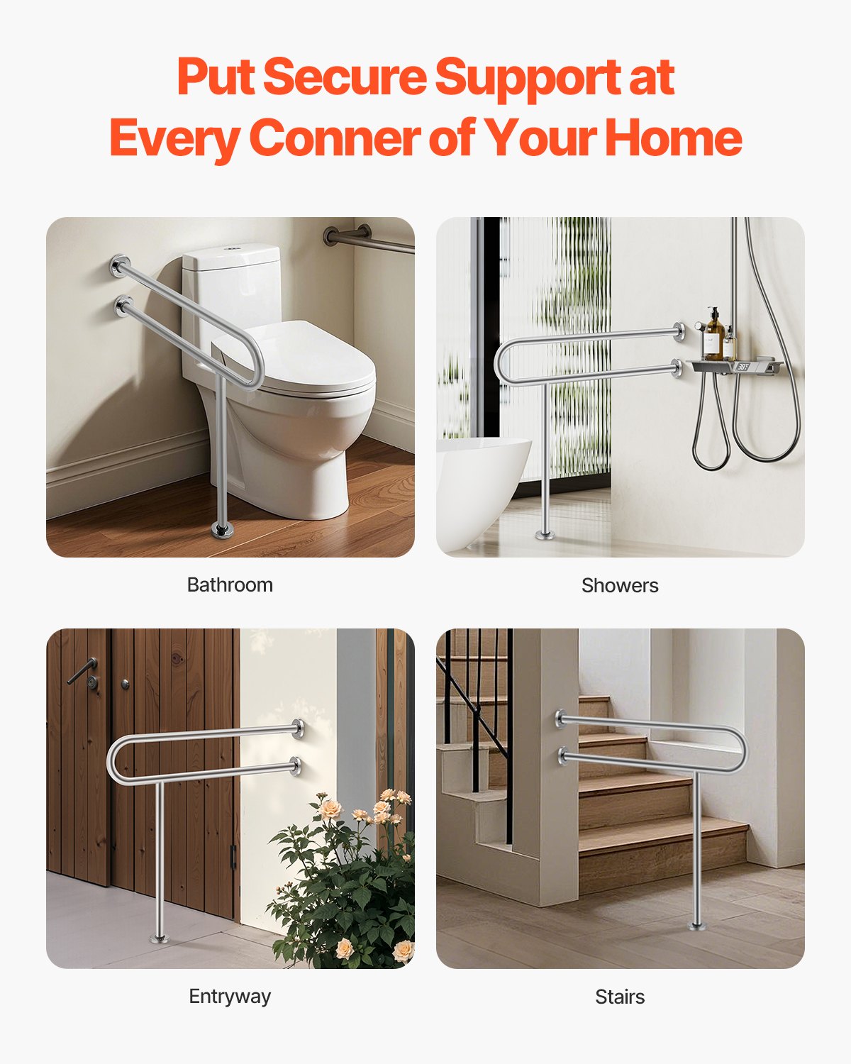 VEVOR Toilet Safety Rail, 80 cm U-Shaped Handicap Grab Bar, 304 Stainless Steel Senior Safety Pole, Toilet Grab Bars with Anti-Slip Handle, 136 kg Load Capacity Security Handrail with Support Leg