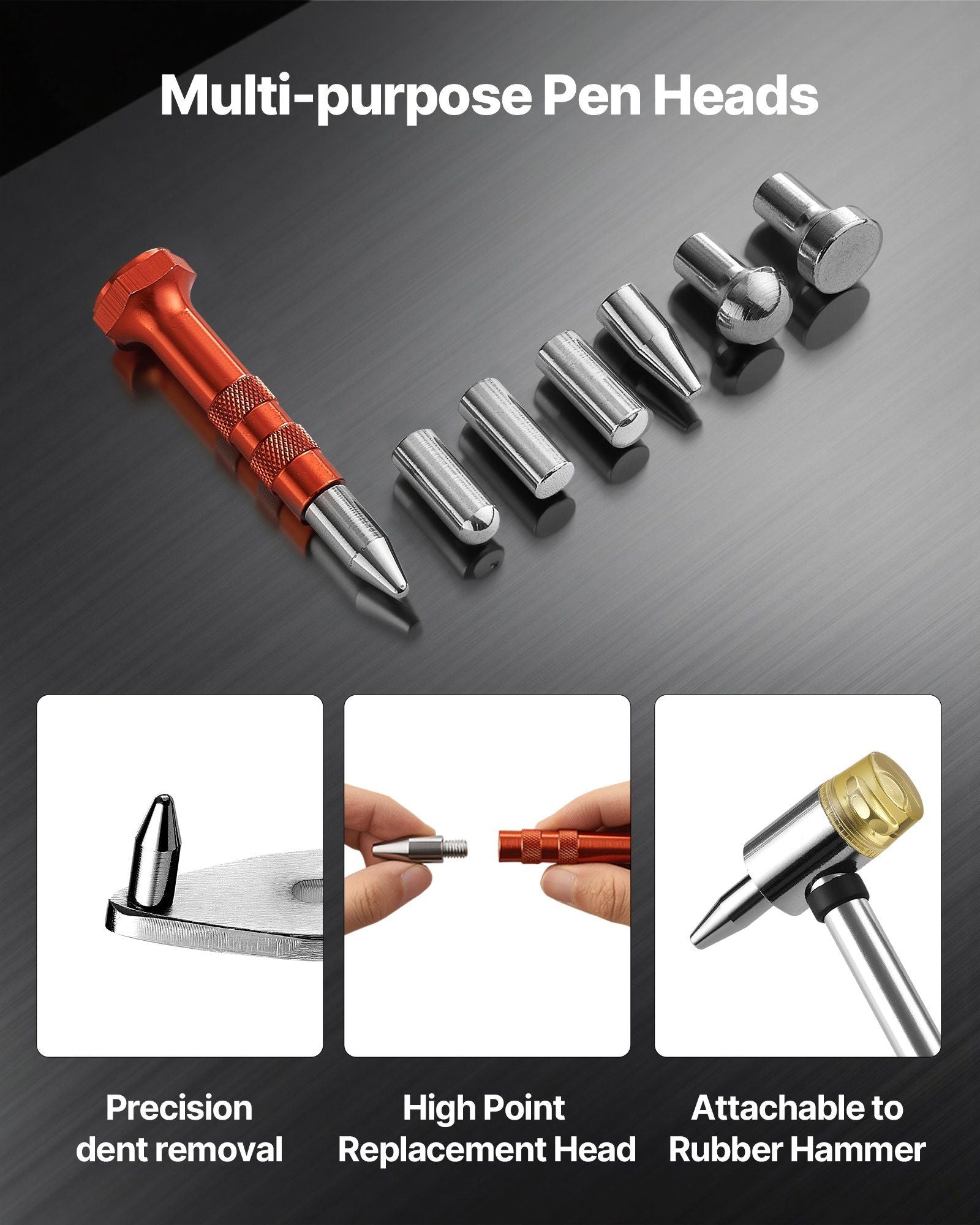 Dent Puller Kit, Paintless Car Dent Removal Tool, Auto Fender Damage Repair Puller Lifter with Curved Rod, Crowbar, Rubber Hammer, Airbag, Detachable & Repair Pens, Replacement Heads Tools Kit