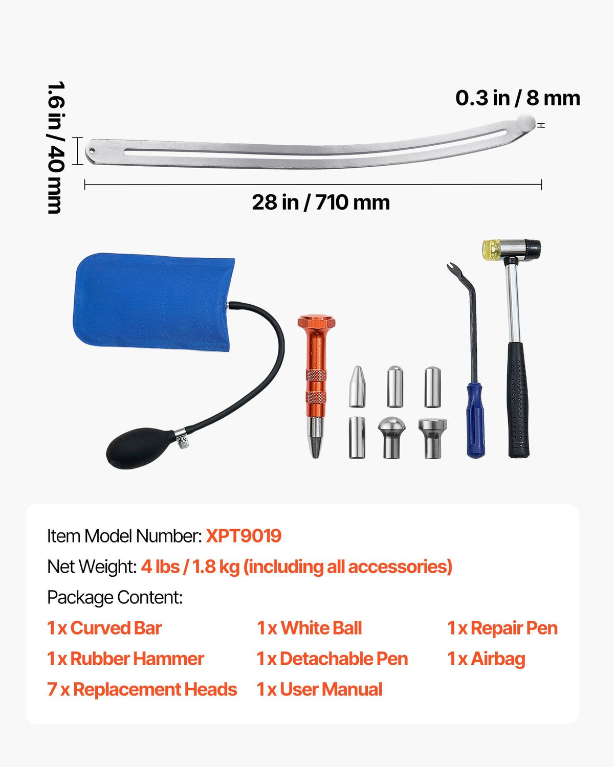 Dent Puller Kit, Paintless Car Dent Removal Tool, Auto Fender Damage Repair Puller Lifter with Curved Rod, Crowbar, Rubber Hammer, Airbag, Detachable & Repair Pens, Replacement Heads Tools Kit