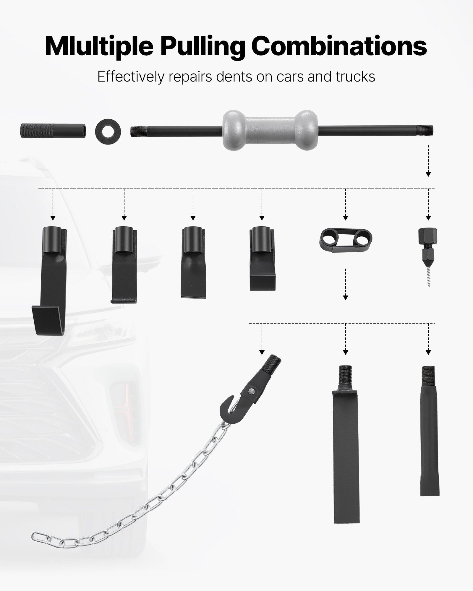 Dent Puller Kit, 4.54 kg 13-in-1 Slide Hammer Dent Removal Kit, Heavy-Duty Auto Body Truck Repair Automotive Damage Remover Tool Repair Frame with Carrying Case, Extension Rod, Non-Slip Handle