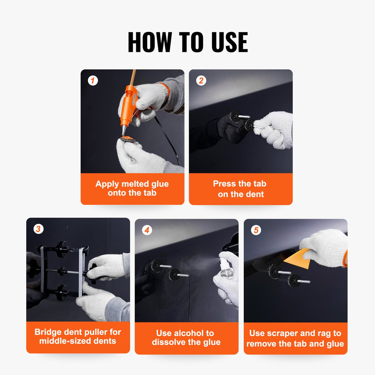 VEVOR 25 PCS Dent Removal Kit, Auto Body Paintless Dent Removal Tools Kit with Bridge Puller, Puller Tabs, Hot Melt Glue Gun, Glue Sticks, Dent Puller Kit for Auto Body Dents, and Other Metal Surface