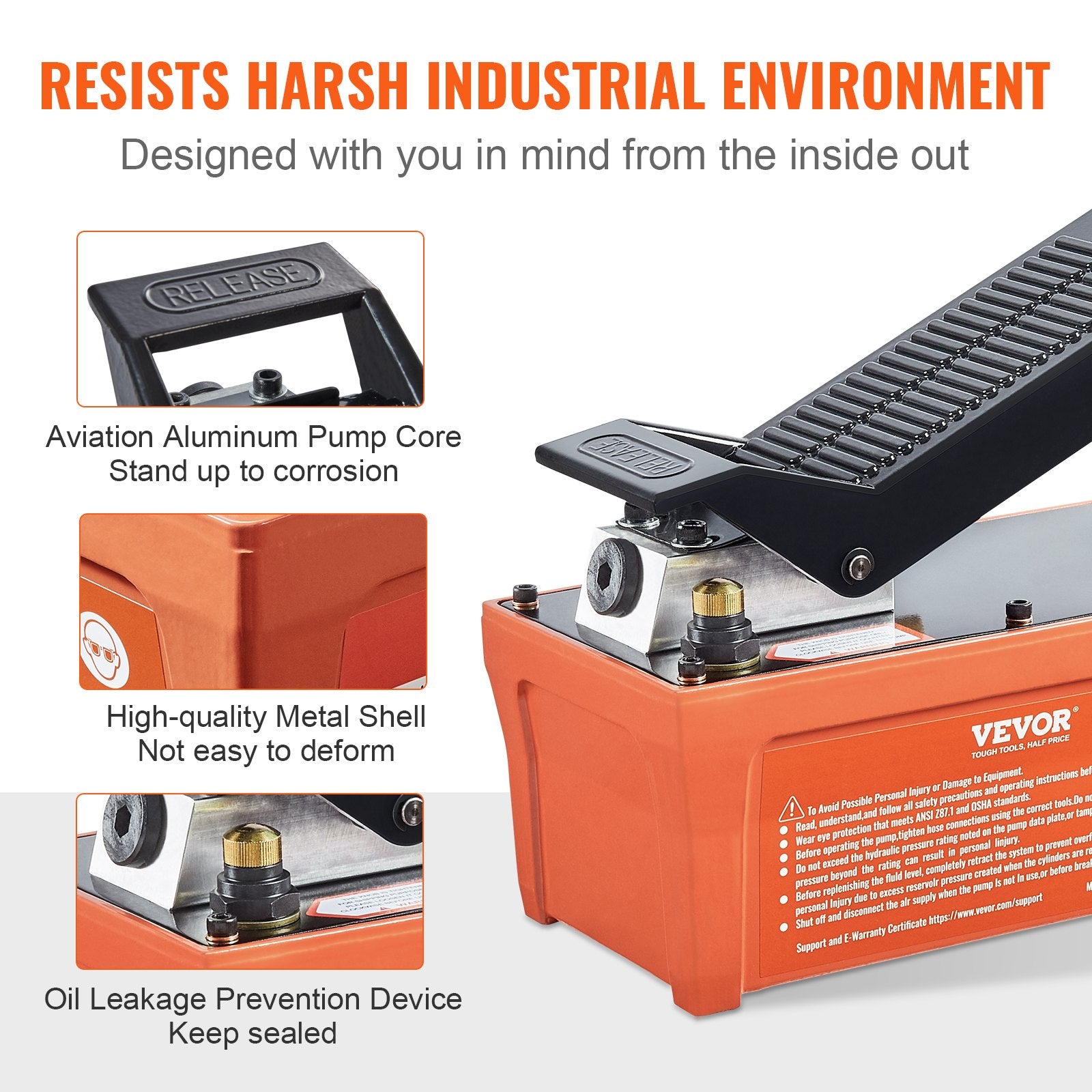 VEVOR Air Hydraulic Pump, 10,000 PSI 1/2 Gal Reservoir, NPT 3/8" Oil Outlet, NPT 1/4" Inlet, 6.6 ft Pipe, Foot Actuated Hydraulic Pump Air Treadle for Auto Body Frame Machines and Pulling Post, Orange