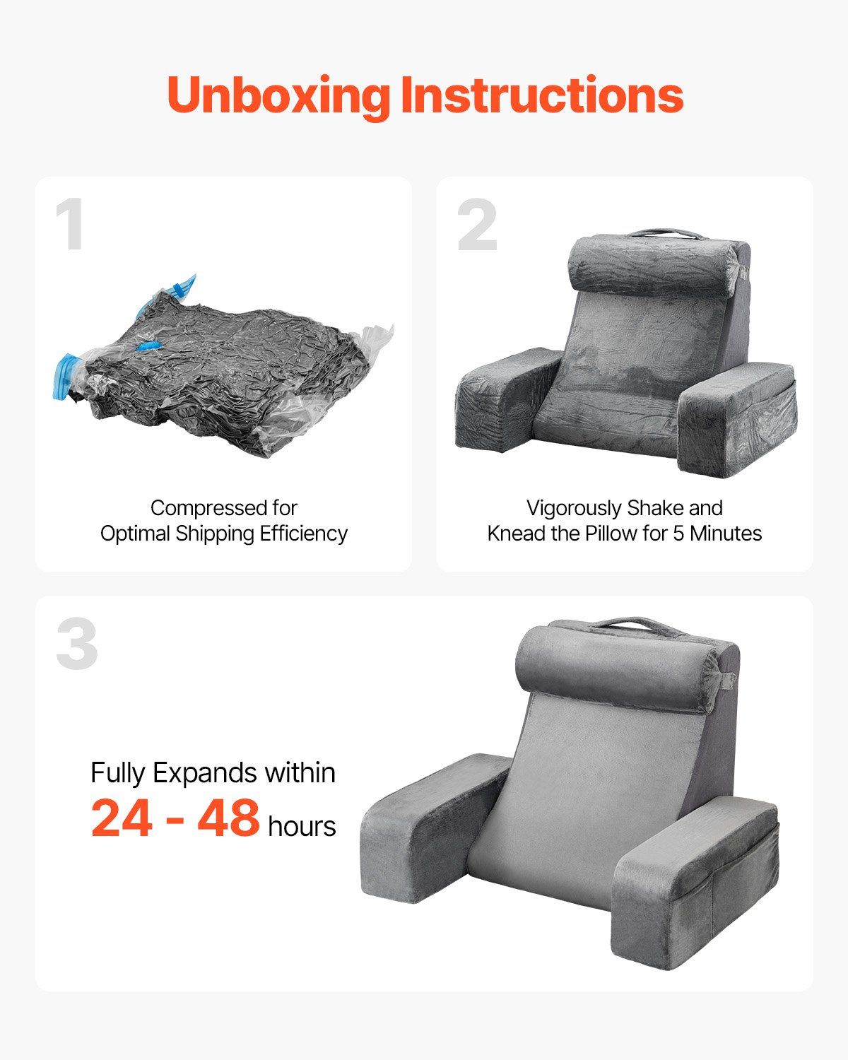 Reading Pillow, Backrest Support Pillow with Arm and 3 Pockets, Large Size Bed Pillow with Removable Headrest & 25D Sponge, Handle for Easy Carrying, for Reading, Gaming, Resting, Working, Grey