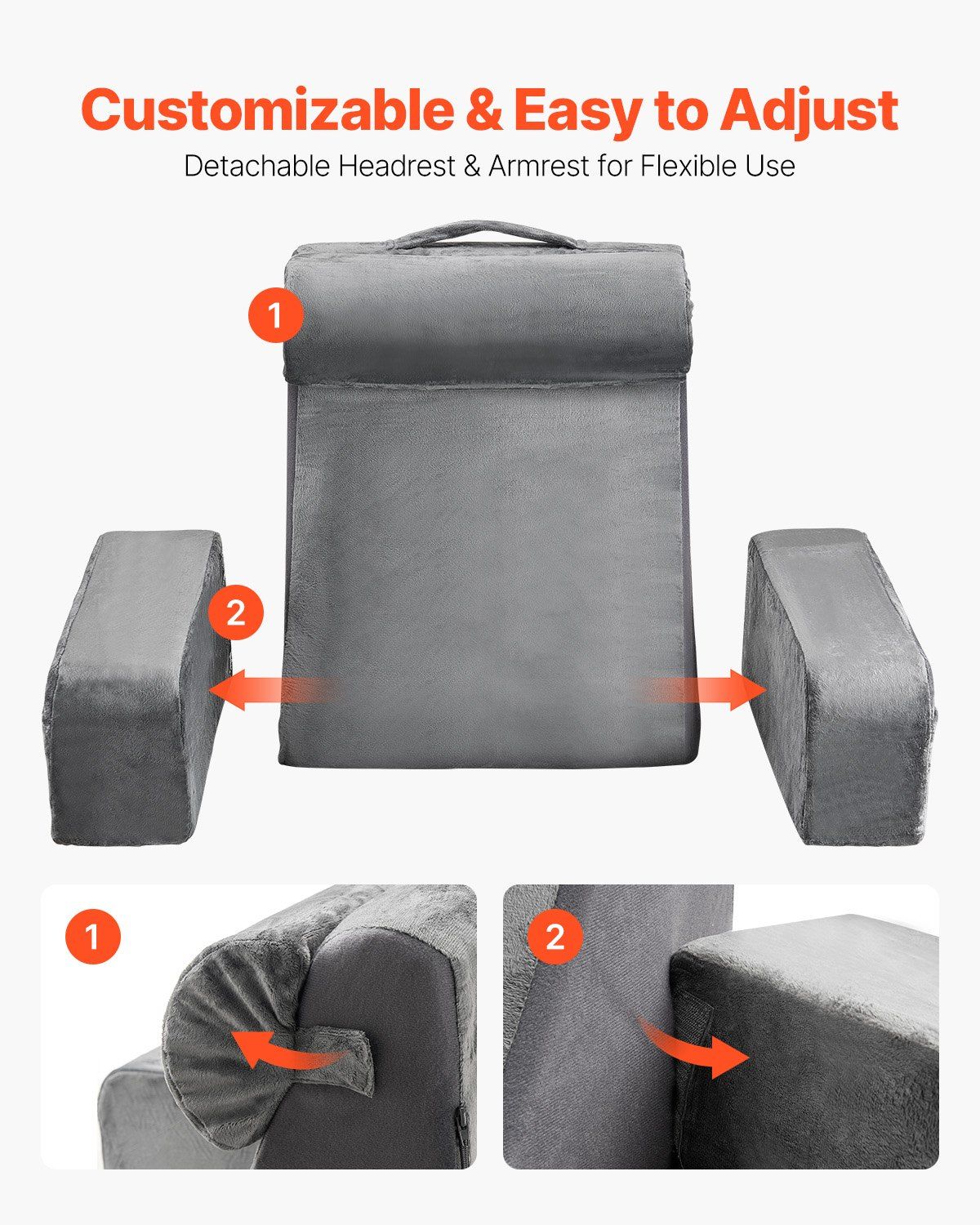 Reading Pillow, Backrest Support Pillow with Arm and 3 Pockets, Large Size Bed Pillow with Removable Headrest & 25D Sponge, Handle for Easy Carrying, for Reading, Gaming, Resting, Working, Grey