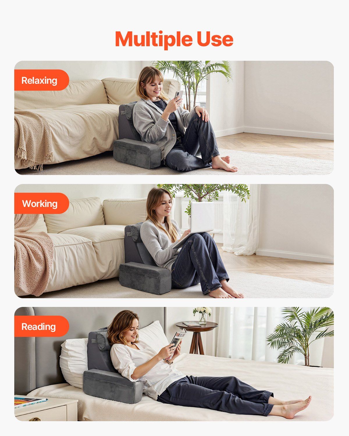 Reading Pillow, Backrest Support Pillow with Arm and 3 Pockets, Large Size Bed Pillow with Removable Headrest & 25D Sponge, Handle for Easy Carrying, for Reading, Gaming, Resting, Working, Grey