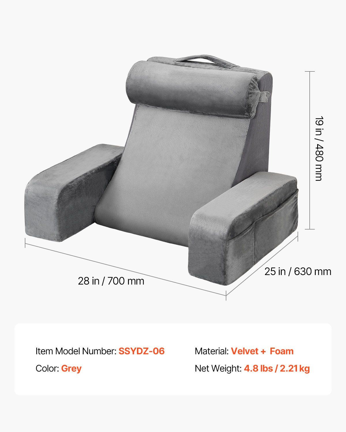 Reading Pillow, Backrest Support Pillow with Arm and 3 Pockets, Large Size Bed Pillow with Removable Headrest & 25D Sponge, Handle for Easy Carrying, for Reading, Gaming, Resting, Working, Grey
