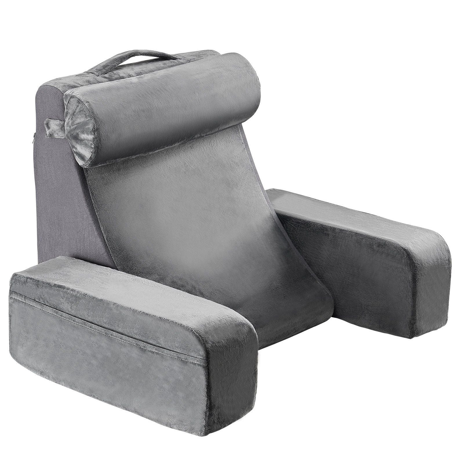Reading Pillow, Backrest Support Pillow with Arm and 3 Pockets, Large Size Bed Pillow with Removable Headrest & 25D Sponge, Handle for Easy Carrying, for Reading, Gaming, Resting, Working, Grey